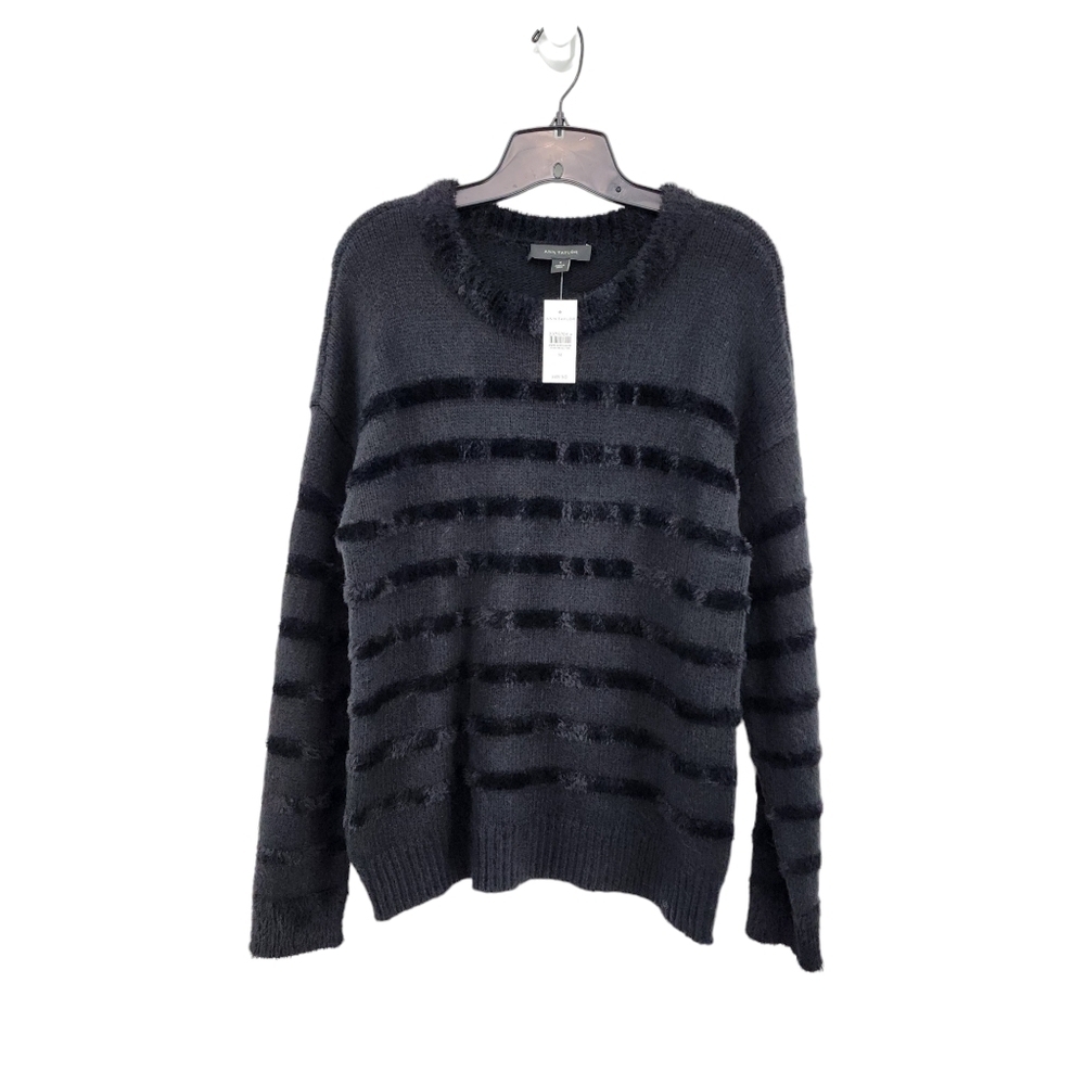 Ann Taylor Women's Monochromatic Faux Fur Stripes Crewneck Sweater - M